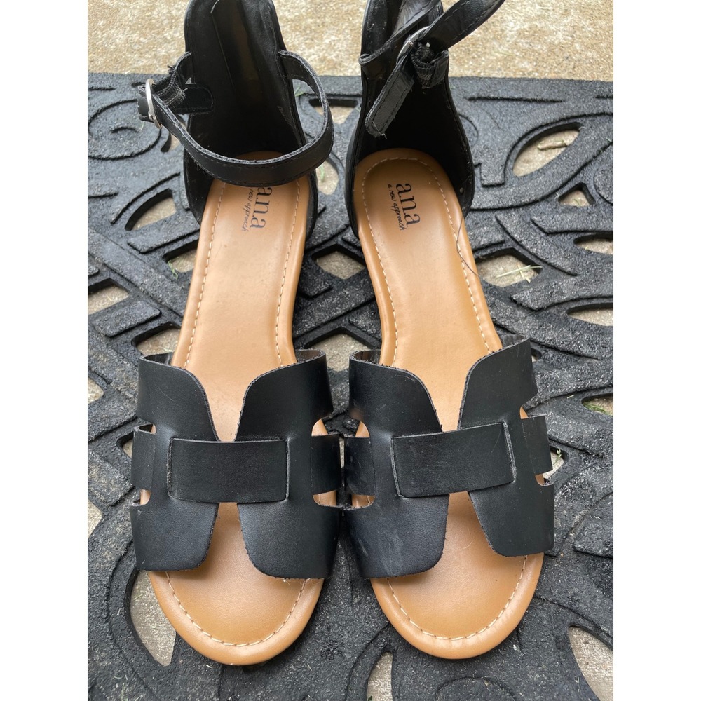 ANA‎ A New Approach Legion Black H-Strap Ankle Buckle Flat Sandals Womens 9.5M